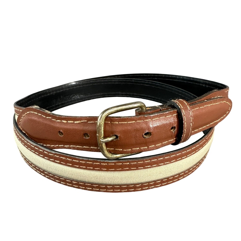 Mens Brown Leather Belt Size 40 Brass Buckle Contrast Stitch Made in DR